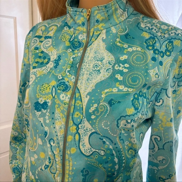 ST. JOHN TEAL PAISLEY JACKET WITH SJ GOLD BUTTONS AND SJ PLATE ON BACK - Picture 5 of 6